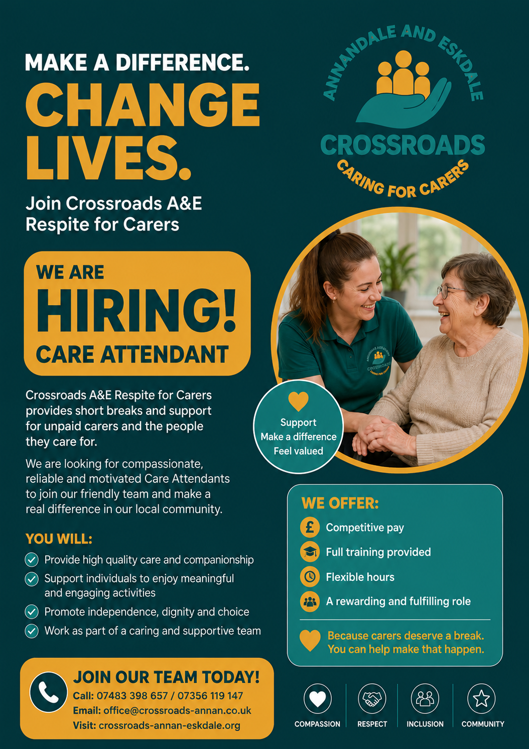 Care Attendant recruitment poster - Crossroads A&E Respite for Carers is hiring